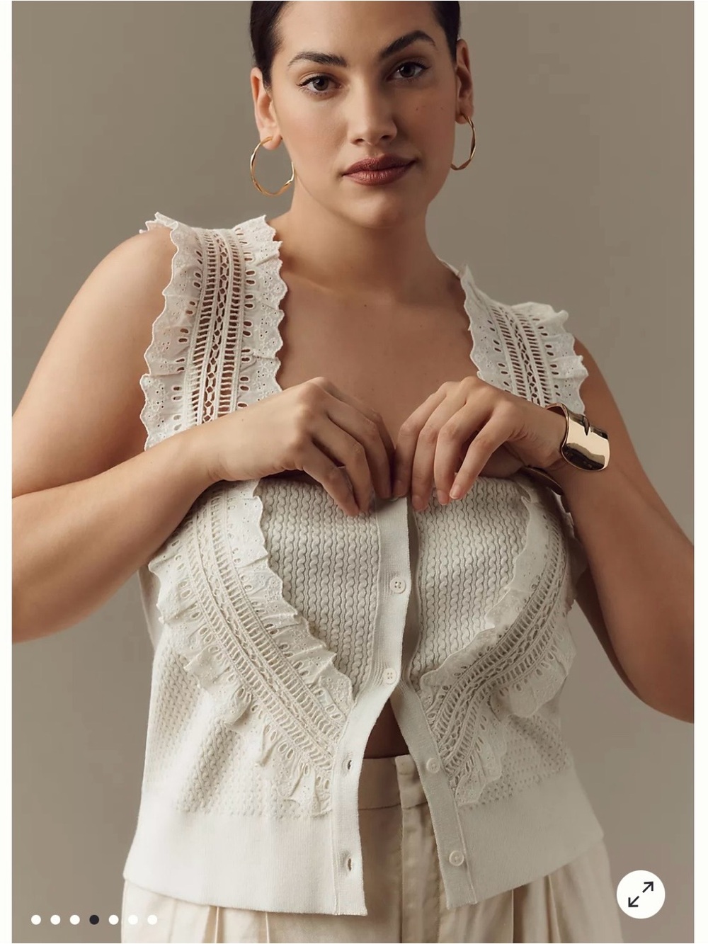 Pilcro Cream Lace-Trim Knit Button Tank